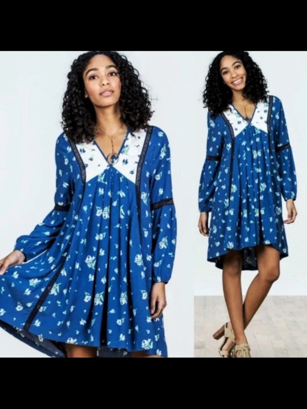 Matilda Jane Blue Floral Long Sleeve Swing Dress with White Yoke
